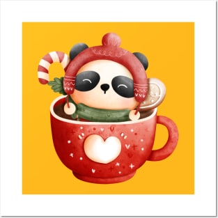 Cute Christmas Panda Bear in a Red Heart Teacup Posters and Art